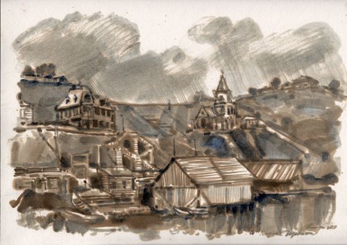 Vista do rio Kama para a estação de bombeamento de água da cidade, série "Old Sarapul